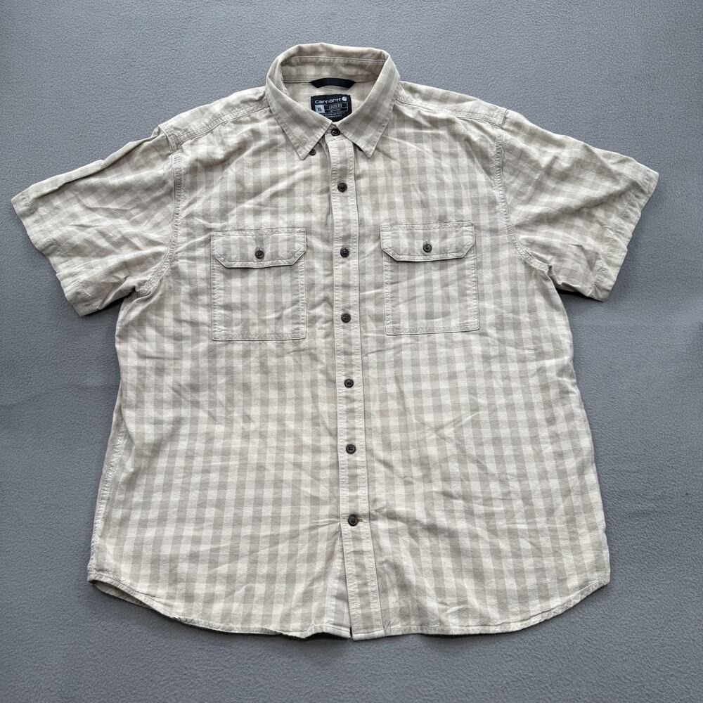 Carhartt Shirt Mens XL Beige Gray Plaid Short Sleeve Button Front Workwear
